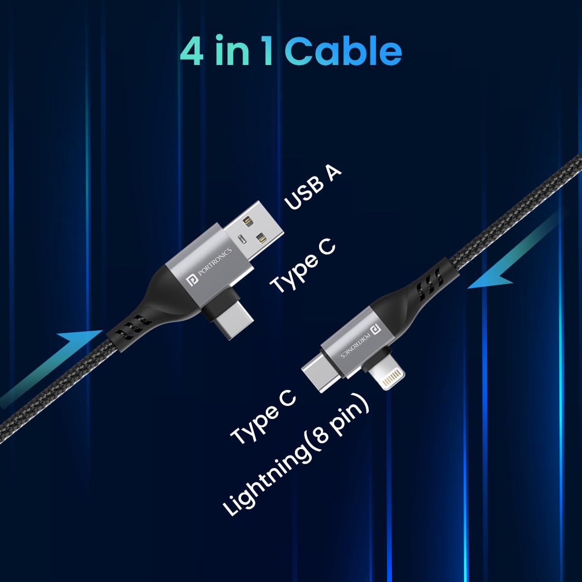 Portronics Konnect 4-in-1 Unbreakable Nylon Braided Fast Charging Cable