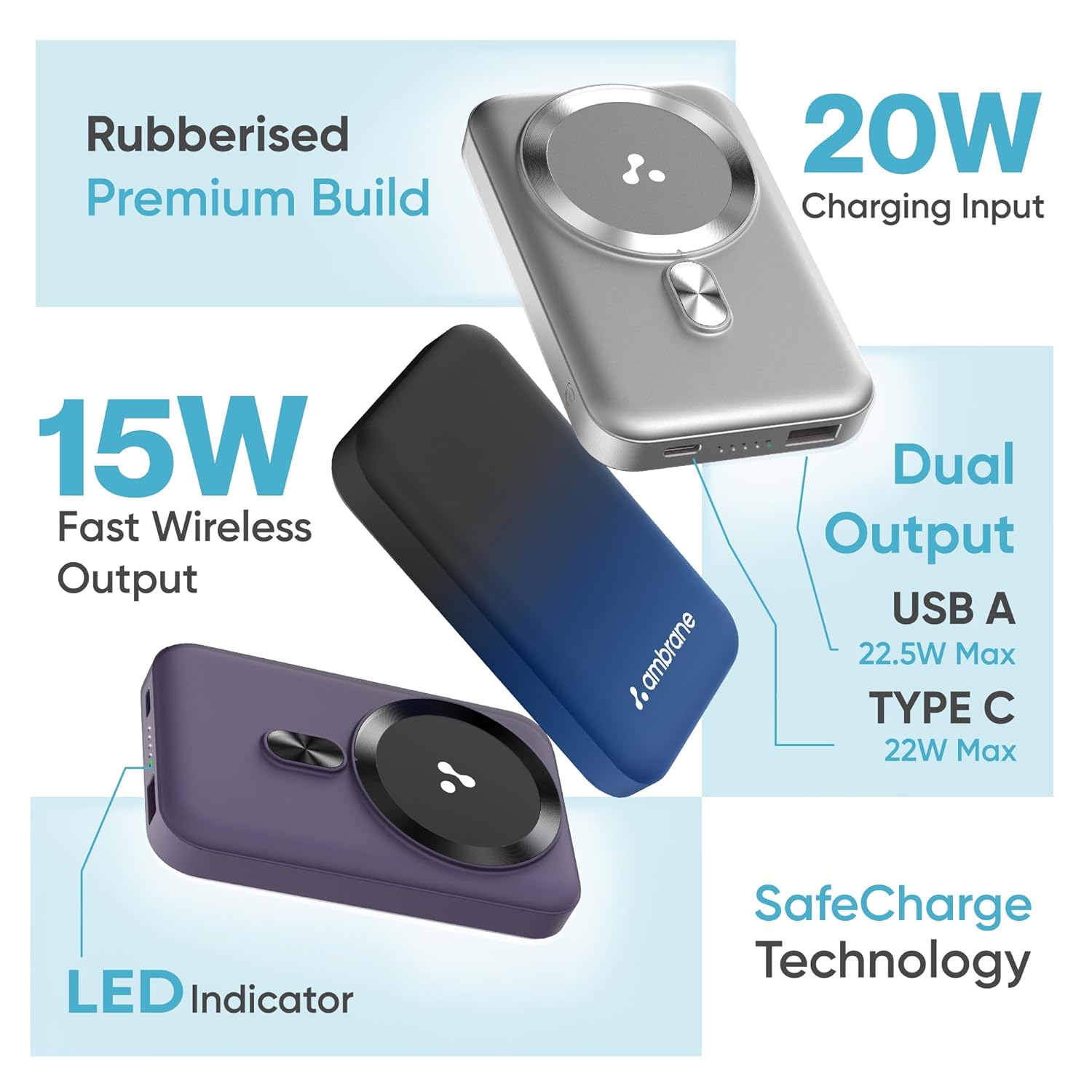 Ambrane Aerosync Snap 10000mAh MagSafe Wireless Power Bank (Blue)